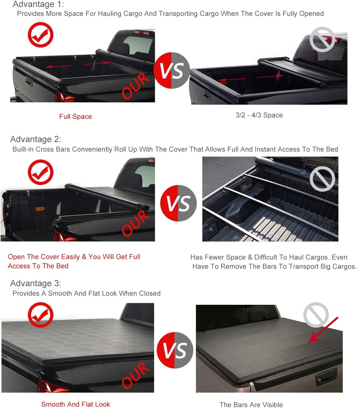 Black Vinyl Clamp On Soft Lock & Roll-up Top Mount Tonneau Cover Assembly w/Rails+Mounting Hardware Fit 05-15 Toyota Tacoma Pickup 6ft Fleetside Bed