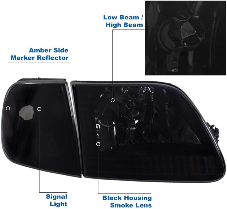 Replacement Headlights w/Corner Lights Amber/Smoke Compatible with 1997-03 Ford F-150 | 1997-02 Expedition