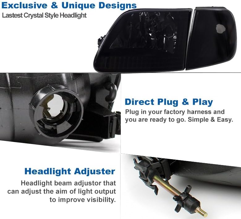 Replacement Headlights w/Corner Lights Amber/Smoke Compatible with 1997-03 Ford F-150 | 1997-02 Expedition
