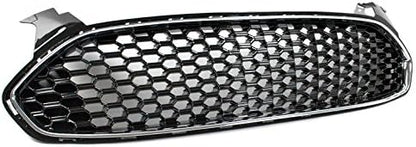 Front Bumper Upper Honeycomb Mesh Grille Insert Gloss Black/Chrome Trim Compatible with 2013-16 Ford Fusion