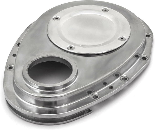 SBC 350 2-Piece Polished Aluminum Timing Chain Cover w/Inspection Plate PCE265_1061