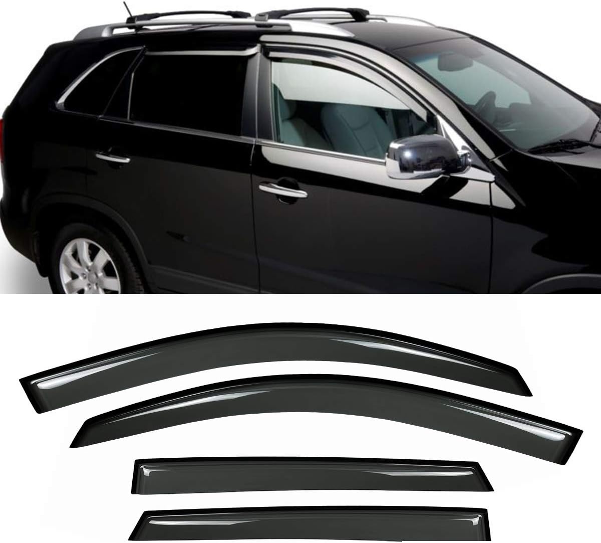 New 4pcs for 11-15 Kia Sorento Wind Dark Smoke Out-Channel/Outside Mount Style Wind Sun Rain Guard Vent Shade Deflector Window Visors