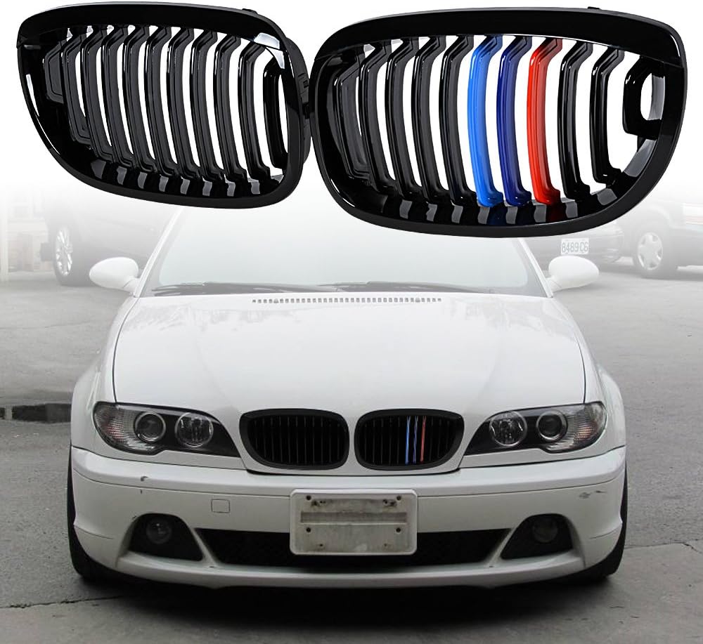 Left Right Glossy Black M-Color Kidney Grille Grill Compatible with 2003-2006 BMW E46 325Ci 330Ci 2-Door LCI