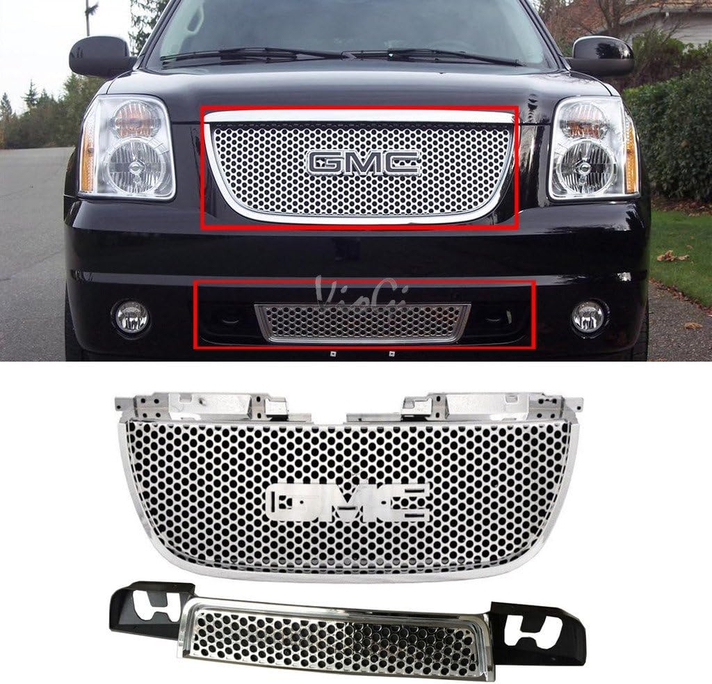 1pc Upper + 1pc Lower Bumper Front ABS Plastic Chrome Round Hole Style Grille Assembly For 07-14 GMC Yukon Base/SLE/SLT/Denali & 07-14 GMC Yukon XL 1500/2500 SLE/SLT/Denali