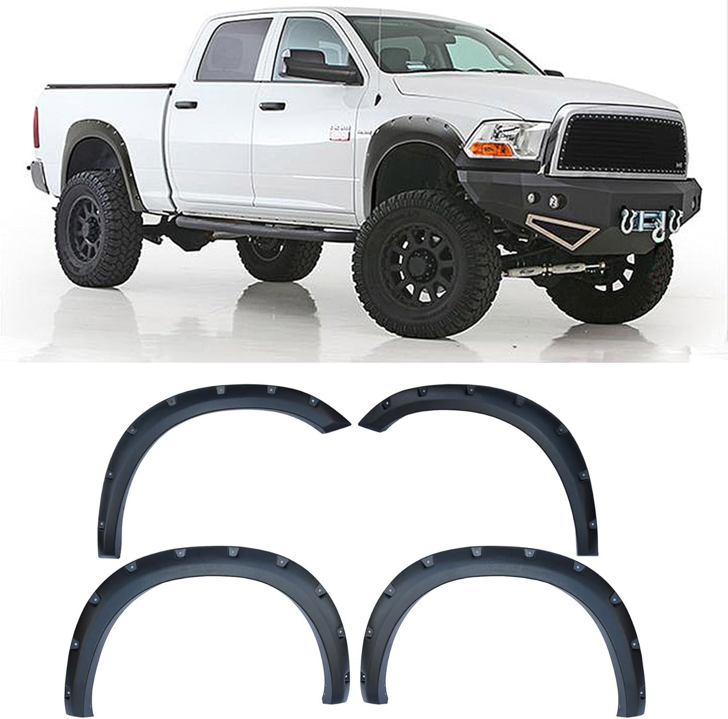 4pcs Textured Black ABS Plastic Pocket-Riveted Fender Flares with Mounting Hardware & Instruction Fit 09-16 Dodge Ram 1500 Pickup