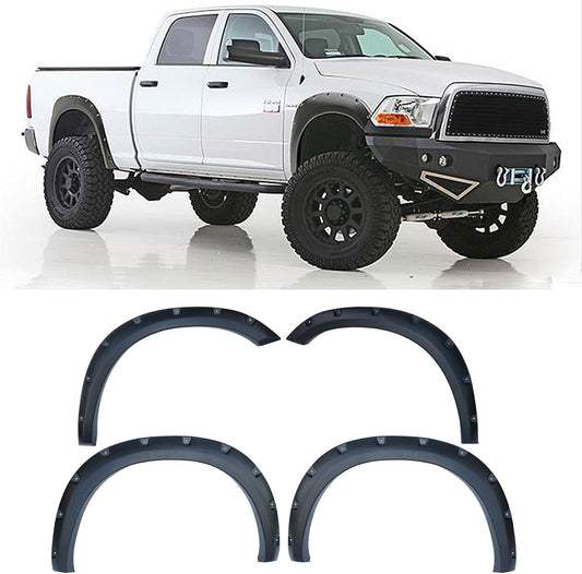 4pcs Textured Black ABS Plastic Pocket-Riveted Fender Flares with Mounting Hardware & Instruction Fit 09-16 Dodge Ram 1500 Pickup